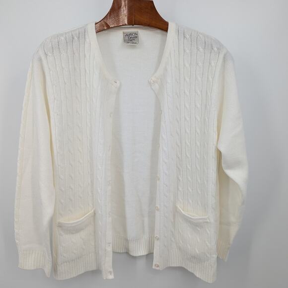 Allison Daley Petite PL Ivory Cable Knit Cardigan Button Front Timeless Preppy - Picture 2 of 4